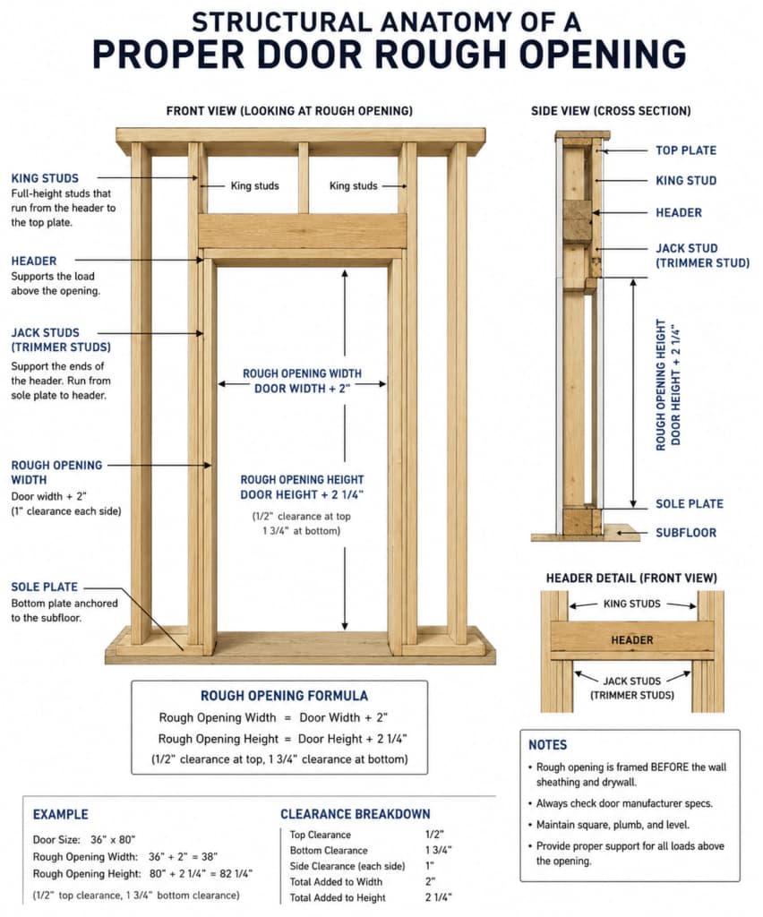 An educational infographic showing the structural anatomy of a proper door rough opening, including header, king studs, and jack studs in Denver, CO.