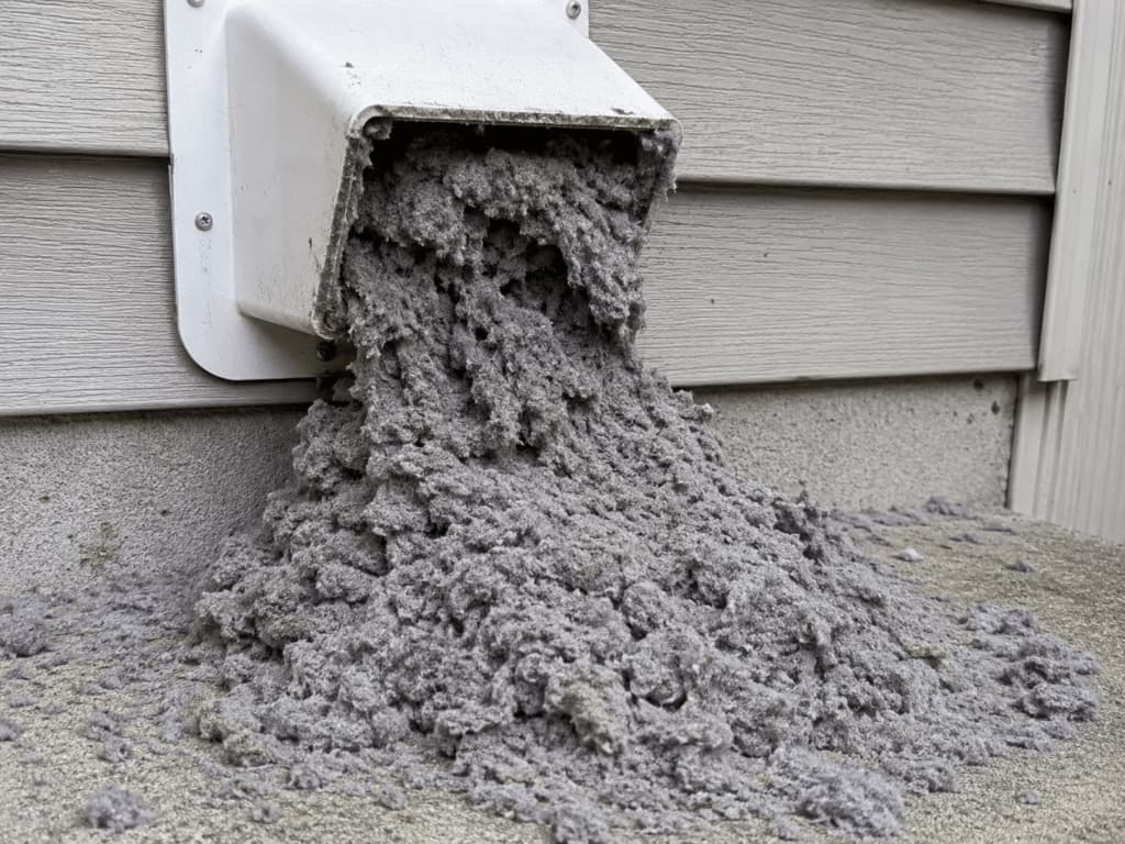 A severely clogged dryer vent exhaust on an exterior wall with lint spilling out, showing the need for dryer vent cleaning in Miami, FL.