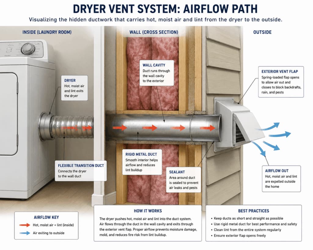 An educational diagram showing a dryer vent system airflow path through a wall, demonstrating professional inspection methods in Dallas, TX.