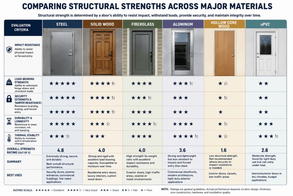An educational comparison chart evaluating the structural strength of steel, wood, fiberglass, aluminum, and uPVC exterior doors in Phoenix, AZ.