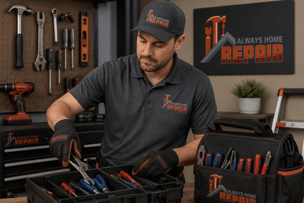A professional technician from Always Home Repair organizing tools in a workshop, representing reliable handyman repair services in Tampa, FL.