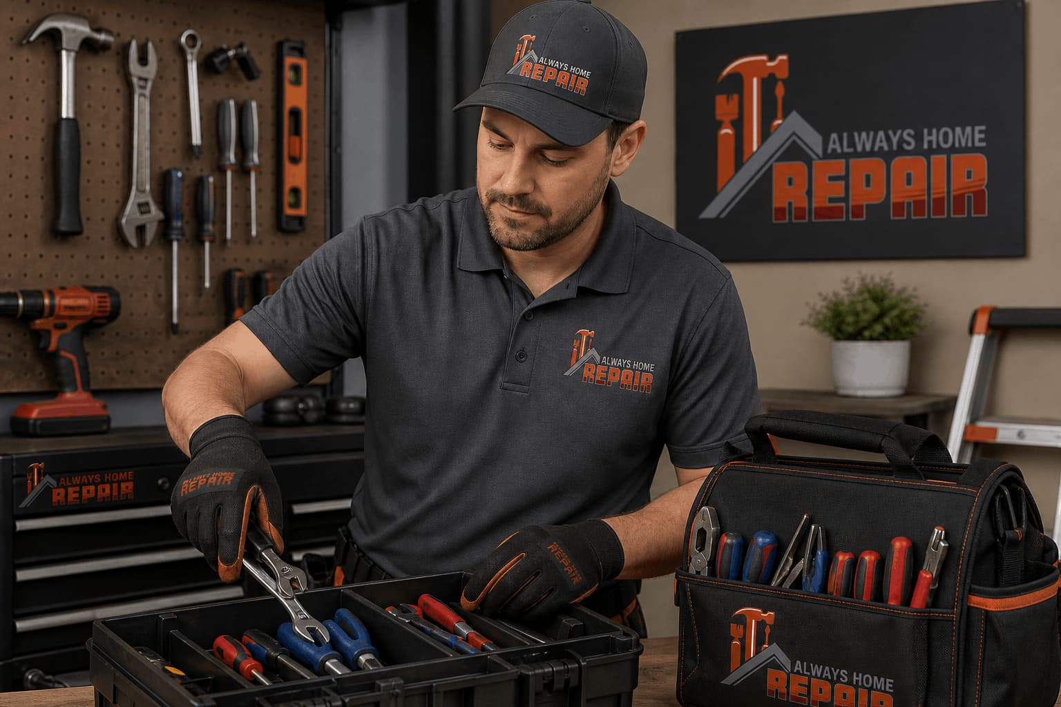 A professional technician from Always Home Repair organizing tools in a workshop, representing reliable handyman services in Tampa, FL.