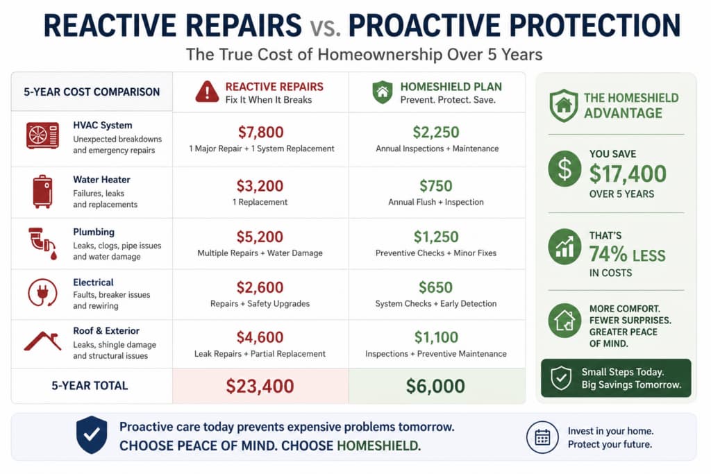 An infographic comparing the costs of reactive repairs versus a proactive home maintenance plan in Phoenix, AZ, highlighting significant savings.
